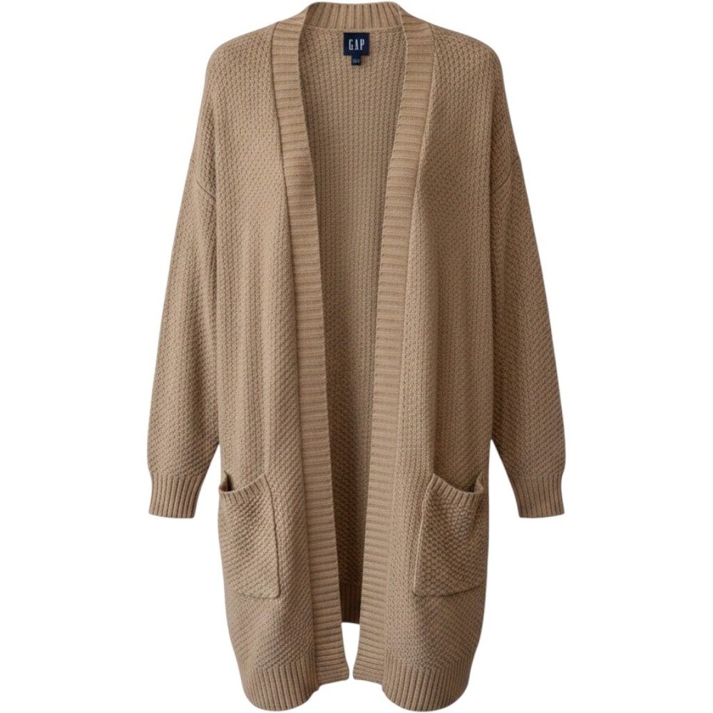 Gap Womens 100% Cotton Cardigan S Tan Open Front Waffle Knit Pockets Longline